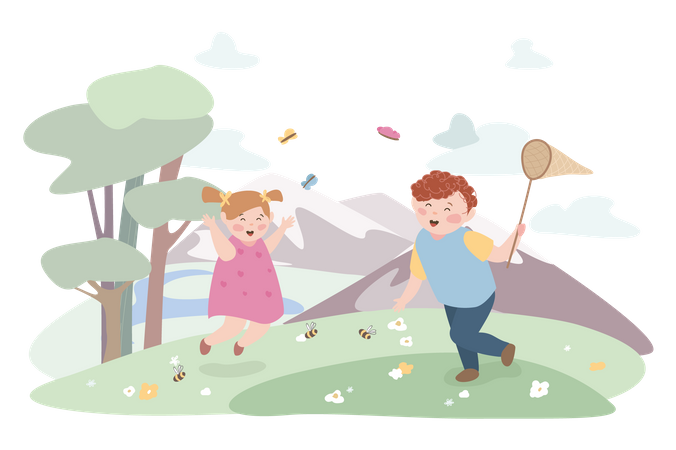 Happy kids catching butterflies  Illustration