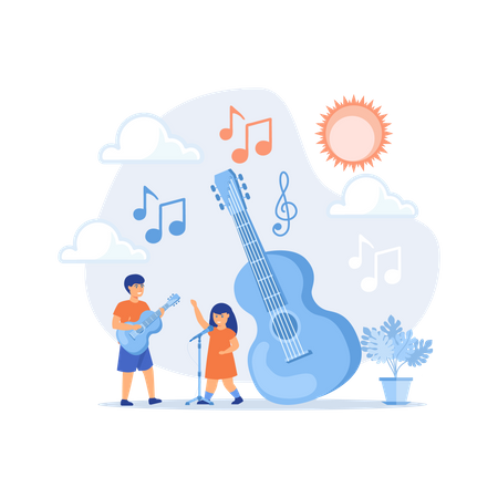 Happy kids enjoy singing and playing the guitar at summer camp Illustration