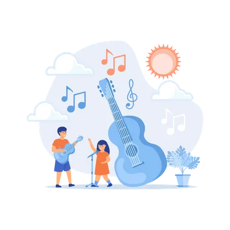 Happy kids enjoy singing and playing the guitar at summer camp  Illustration