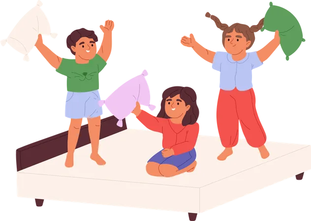 Happy Kids Fighting With Pillow Enjoy Funny Playful Activity At Home Joyful Children Playing Together In Bedroom Indoor Game For Small Child Cartoon Flat Vector Illustration Illustration