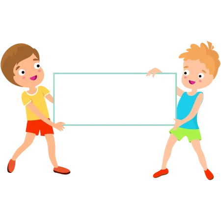 Happy Kids With Paper Cards And Banners Cartoon Children Holding Blank Signs Vector Set Boy And Girl With White Empty Banners Illustration イラスト