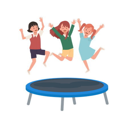Happy kids jumping on trampoline  イラスト