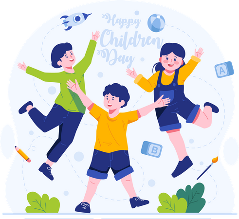 Happy kids jumping with raised hands  Illustration