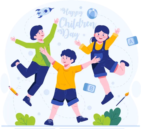 Happy Kids Jumping With Raised Hands Happiness Gladness And Fun Childrens Day Concept Illustration Illustration