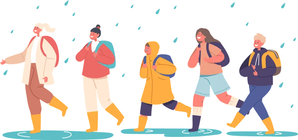 Des enfants heureux marchent sous la pluie sans parapluie  Illustration