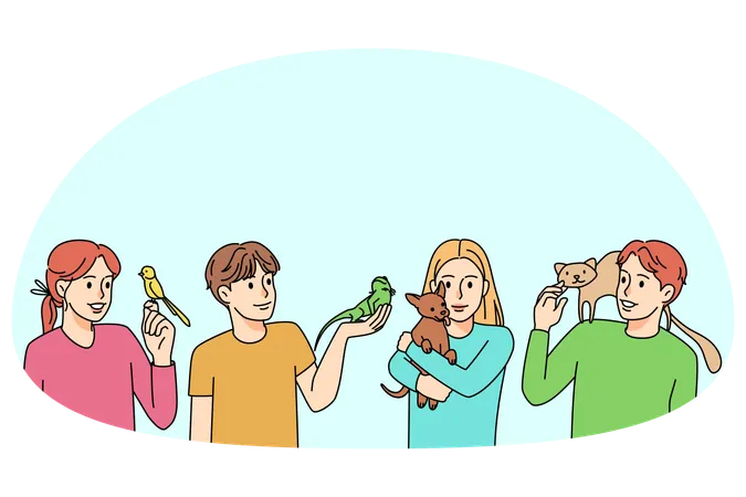 Happy kids play with diverse pets  Illustration