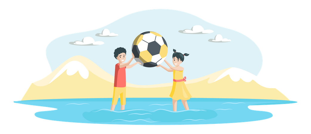 Happy kids playing beach ball at beach Illustration