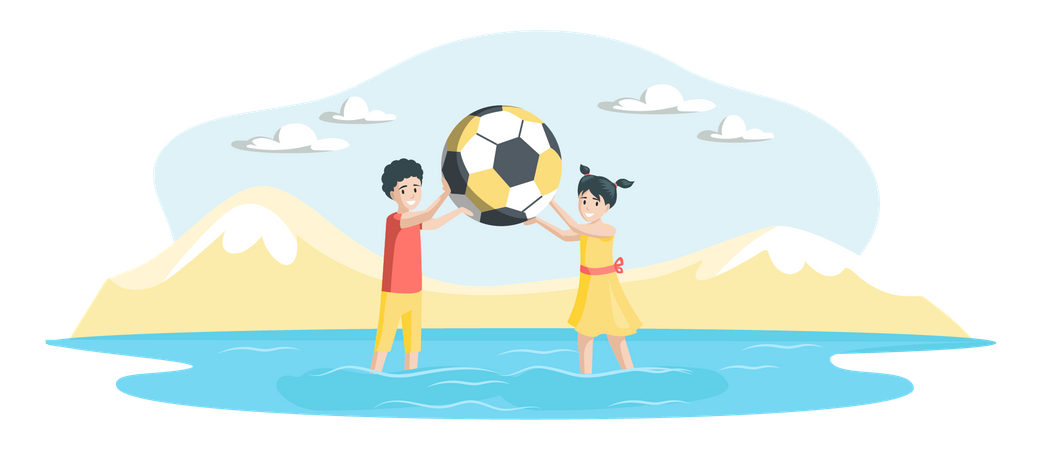 Happy kids playing beach ball at beach  Illustration