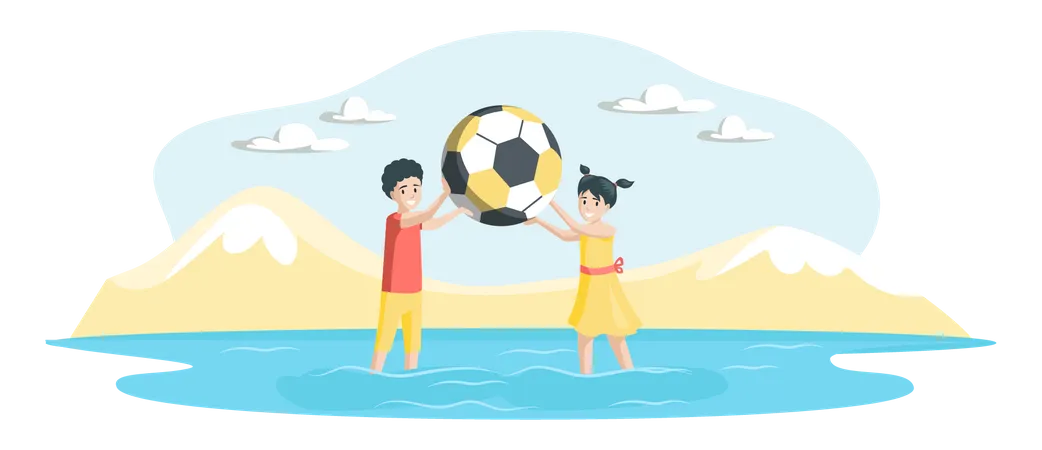 Happy kids playing beach ball at beach  Illustration