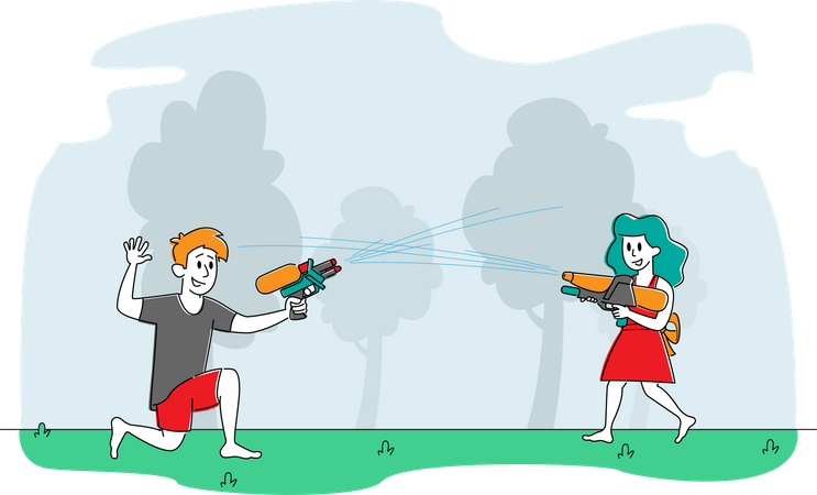 Happy Kids Playing Shooting with Water Guns Illustration