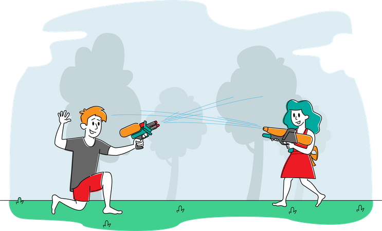 Happy Kids Playing Shooting with Water Guns  Illustration