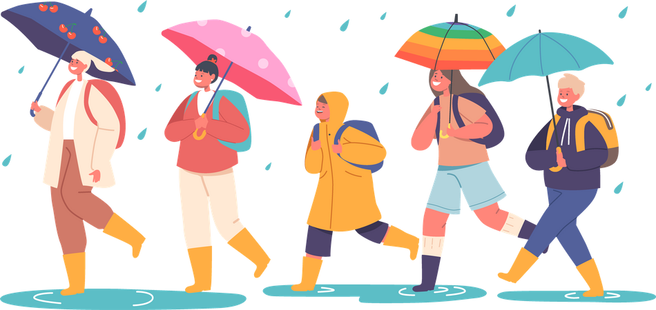 Des enfants heureux marchent sous un parapluie  Illustration