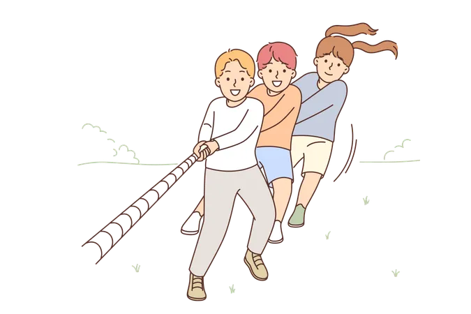 Happy Kids Pull Rope Together Participating In Outdoor Competitions And Enjoying Outdoor Activities Cheerful Kids From Summer Camp With Smile Play Team Games With Friends From Elementary School Illustration