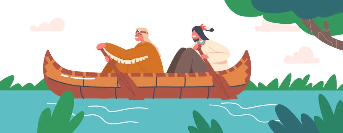 Happy Kids Rowing on Kayak by River Illustration