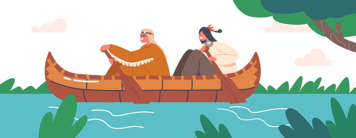 Happy Kids Rowing on Kayak by River  Illustration