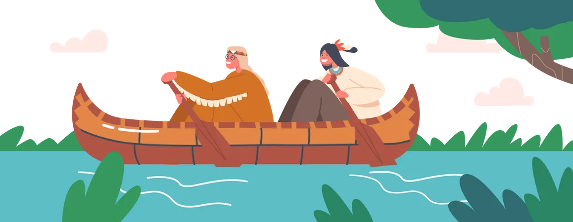 Happy Kids Rowing on Kayak by River  Illustration