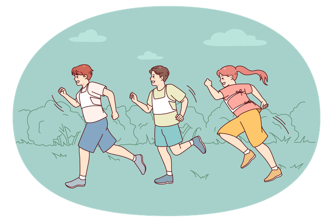 Happy kids running marathon outdoors  Illustration