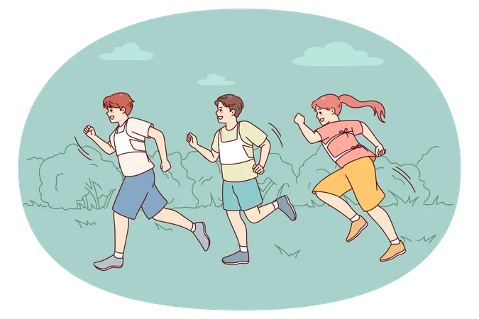 Happy kids running marathon outdoors  Illustration