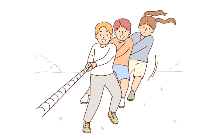 Des enfants heureux tirent sur la corde ensemble  Illustration