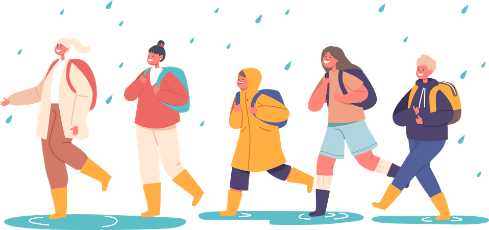 Happy Kids Walk under Rain Without Umbrella  Illustration