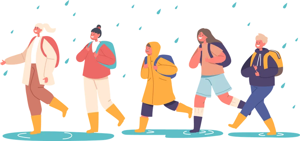 Happy Kids Walk under Rain Without Umbrella  Illustration