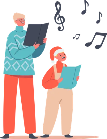 Happy Kids Wearing Santa Claus Hats and Knit Sweaters Singing Christmas Songs  Illustration