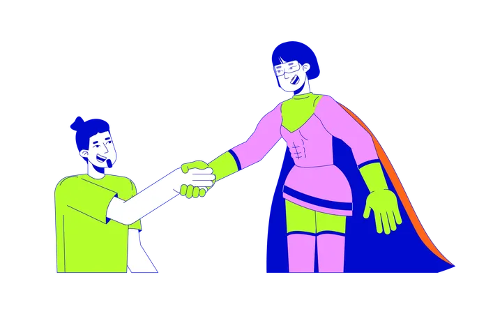 Happy korean female hero helping caucasian man  Illustration