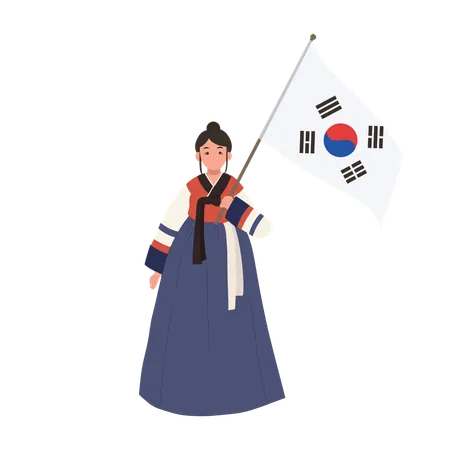 Happy Smiling Woman In Korean Traditional Dress Hanbok Holding South Korea Flag Illustration