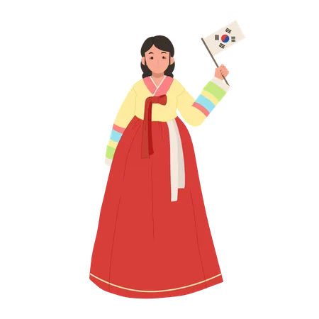 Happy korean girl wearing hanbok with south korea flag  Illustration