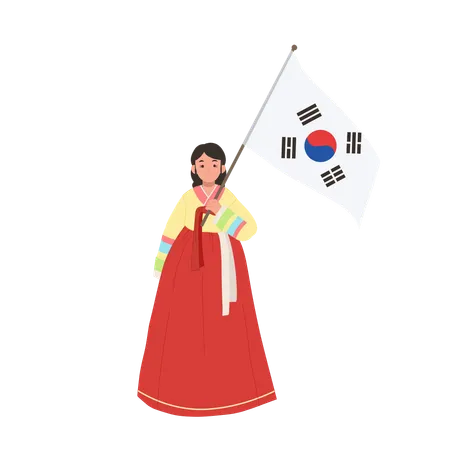 Happy Smiling Woman In Korean Traditional Dress Hanbok Holding South Korea Flag Illustration