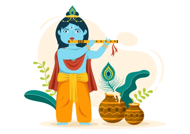 Happy Krishna Krishna playing flute  Illustration