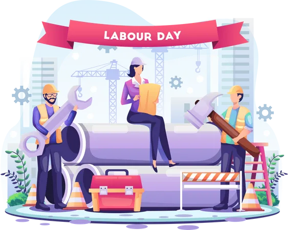 Happy Labour Day Construction Workers Are Working On Labor Day On 1 Th May Flat Vector Illustration Illustration