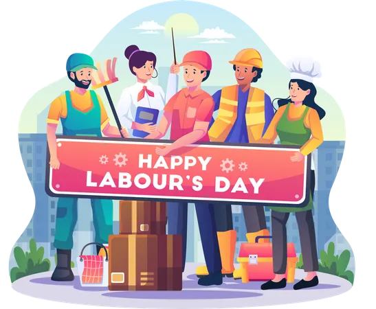Labor Workers In Different Professions Standing Together Hold A Banner Sign Saying Happy Labor Day Flat Style Vector Illustration Illustration