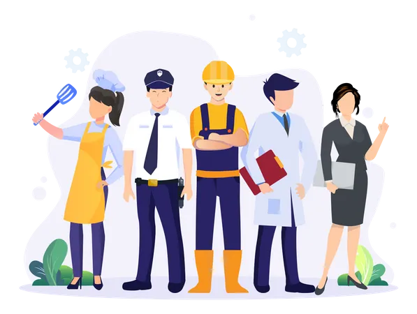A Group Of People In Different Professions Construction Worker Doctor Policeman Chef Woman Businesswoman Labour Day Flat Style Vector Illustration 일러스트레이션