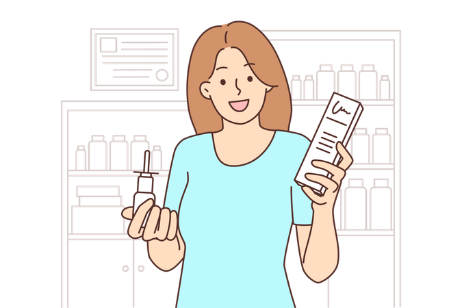 Happy lady holding medicine bottle  Illustration