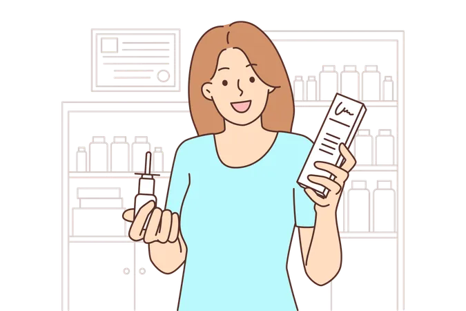 Happy lady holding medicine bottle  Illustration