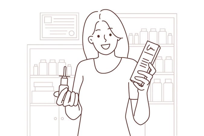 Happy lady holding medicine bottle  Illustration