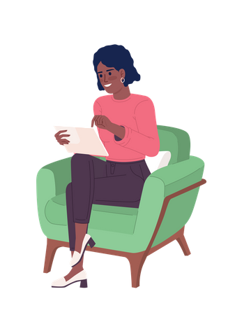 Happy lady with tablet sitting in armchair Illustration
