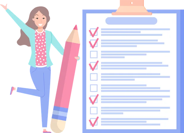 Positive Business Woman With Giant Pencils Nearby Marked Checklist On Clipboard Paper Successful Completion Of Business Tasks Time Management Scheduling Concept Happy Lady Works With To Do Plan Illustration