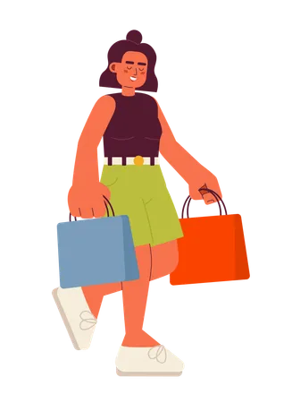 Happy Latina Girl Going Shopping Semi Flat Color Vector Character Holding Shopping Bag Positive Editable Full Body Person On White Simple Cartoon Spot Illustration For Web Graphic Design Illustration