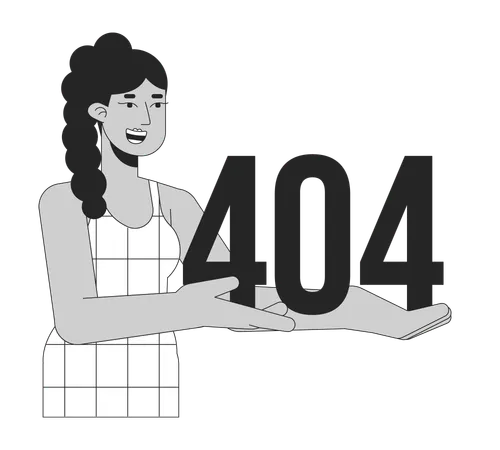 Happy Latina Woman Holding Black White Error 404 Flash Message Monochrome Empty State Ui Design Page Not Found Popup Cartoon Image Vector Flat Outline Illustration Concept Illustration