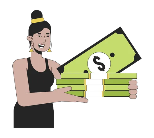 Happy Latinamerican Stylish Woman Holding Money Flat Line Color Vector Character Editable Outline Full Body Person With Mortgage On White Simple Cartoon Spot Illustration For Web Graphic Design Illustration