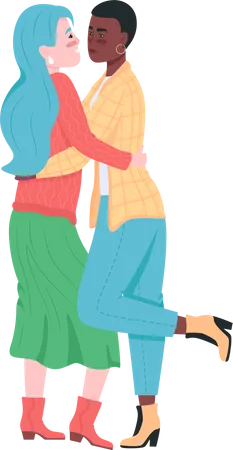 Happy Lesbian Couple Flat Color Vector Detailed Characters Smiling Hugging Women Girlfriend Express Love Valentine Day Isolated Cartoon Illustration For Web Graphic Design And Animation Illustration