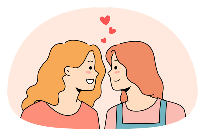 Happy lesbian women look in eyes show love  Illustration