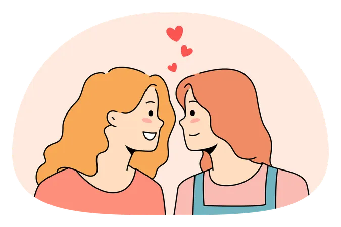 Happy lesbian women look in eyes show love  Illustration