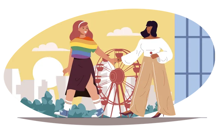 Happy LGBT Family Concept Loving Women Walking At Amusement Park Spend Time Together Diverse Multiracial Couple Lesbian Relationship Daily Life Vector Illustration Of People In Flat Design Illustration