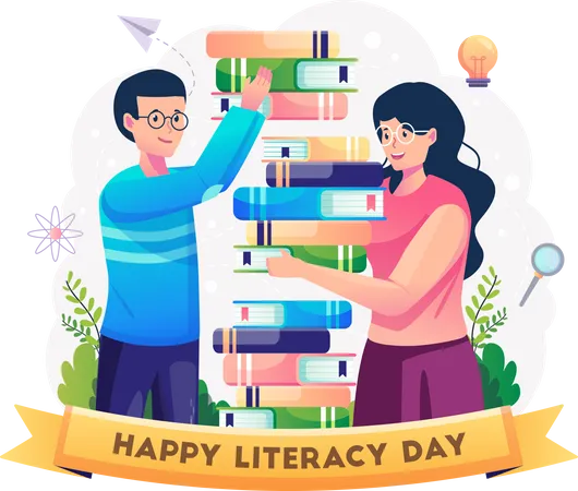 A Boy And A Girl Are Stacking Up And Collecting Books To Read Together Happy Literacy Day On The 8th Of September Vector Illustration In Flat Style Illustration