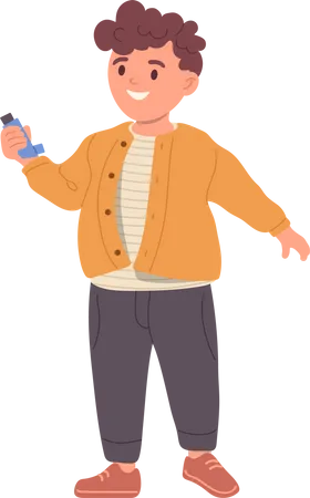 Happy Smiling Little Boy Student Rejoicing Having Inhaler Against Asthma Attack And Breath Relief Vector Illustration Pharmaceutical And Medicine For Children Respiratory Disease Children Concept 일러스트레이션