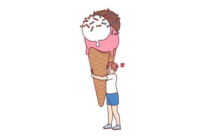 Happy Boy With Giant Size Ice Cream Waffle Cup And Colorful Sprinkles Cheerful Child Hugs Sweet Ice Cream Rejoices At Opportunity To Try Delicious Dessert In Hot Summer Weather イラスト