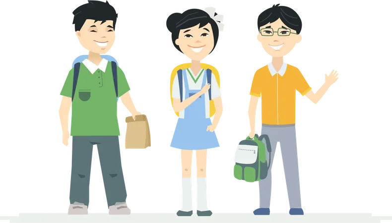 Happy little boys and a girl, students with backpacks waving hands and smiling Illustration